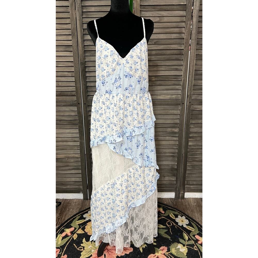 Francesca's Blue Floral Lace Tiered Midi Dress Cottagecore XL Adjustable - Picture 3 of 13